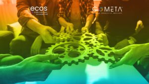 Hands working together to connect large gears, symbolizing the collaborative efforts in the Capacity Building of Facilitators. COMETA logo and slogan: 'Rethink. Reimagine. Reshape.