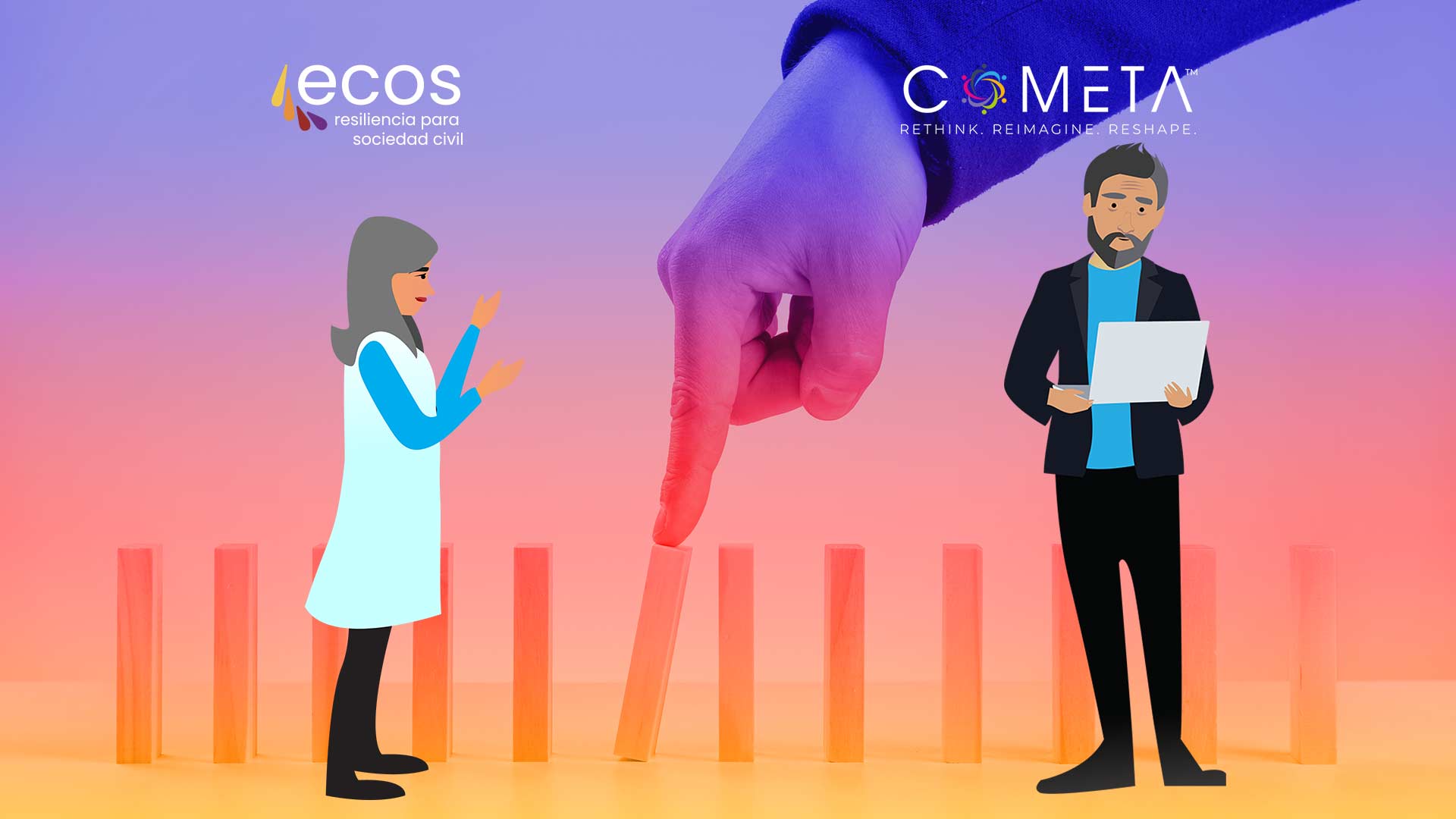 Illustration representing the Theory of Change: A vibrant background with a hand stopping falling dominoes, symbolizing intervention and impact. On one side, a woman in a lab coat gestures as if explaining, and on the other, a man holds a laptop, portraying collaboration and analysis in civil society initiatives. Logos for ECOS and COMETA are displayed above.