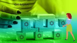 A conceptual image representing high-level facilitation, featuring a hand carefully placing wooden blocks with interconnected symbols, symbolizing collaboration and strategic decision-making. A digitally illustrated woman adds another block, reinforcing the idea of collective effort in building structured solutions. The background has a gradient of green and blue, creating a dynamic and engaging visual. The COMETA logo is positioned in the top left corner.