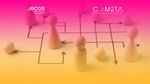 Wooden game pieces are arranged on a board with interconnected arrows, symbolizing strategic planning and collaboration. The image represents the concept of Theory of Change for Networks, emphasizing the structured approach needed to align diverse actors toward a common goal. The logos of ECOS and COMETA are displayed, reinforcing the focus on resilience and strategic transformation for civil society.