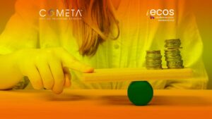 A close-up of a person balancing a wooden plank on a round fulcrum, with stacks of coins on one side. The image symbolizes stability and financial planning. Logos of COMETA and ECOS are displayed. Representation of a financial resilience strategy for civil society organizations.