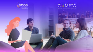 Group of three people engaged in a strategic reflection session in a modern indoor setting, discussing ideas with notebooks and laptops. An illustrated character symbolizes inclusivity and diverse participation. Logos of ECOS and COMETA highlight the theme of strategic reflection processes in a closed civic space