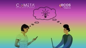 en la imagen vemos 2 personas compartiendo conocimiento a través de sus testimonios sobre la utilidad del aprendizaje horizontal en OSCs están conectadas por un globo de pensamiento donde hay una foco que simboliza una idea en común
