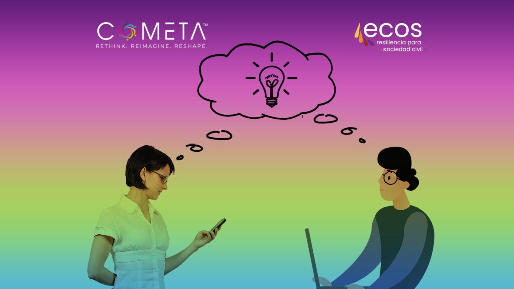 In the image we see two people sharing knowledge through their testimonies about the usefulness of horizontal learning in CSOs. They are connected by a thought bubble where there is a light bulb that symbolizes a common idea.