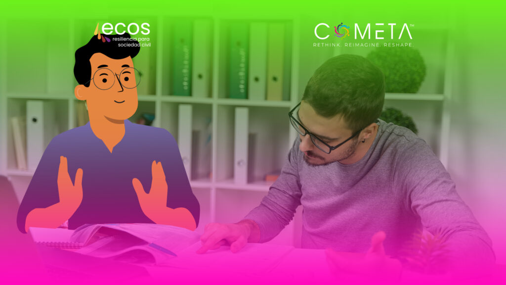 Dos profesionales participan en una sesión de intercambio de conocimientos, ilustrando la importancia del financiamiento para el aprendizaje horizontal entre las organizaciones de la sociedad civil