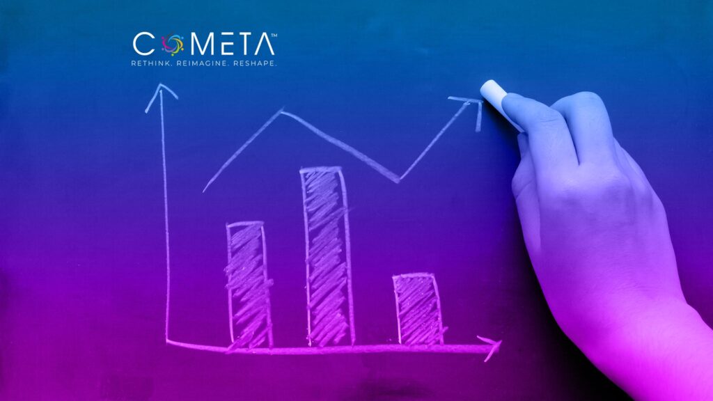 Hand drawing a fluctuating bar and line graph on a chalkboard, symbolizing data tracking and analysis — representing indicators for advocacy in civil society organizations. Logo of COMETA