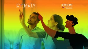 Image about Teal Organization showing two people collaborating and pointing to ideas in a workspace, accompanied by a symbolic illustration of strategic facilitation. The logos of COMETA and ECOS appear in the background, highlighting collaboration and resilience for civil society.