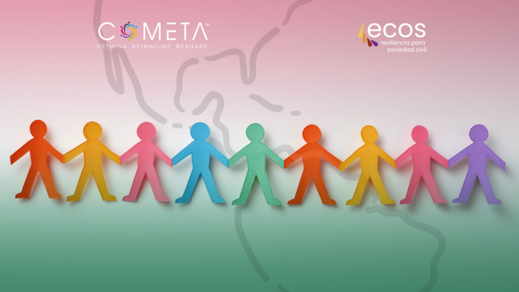 Ilustración de figuras humanas de colores tomadas de la mano sobre un mapa de Centroamérica, representando la unión y resiliencia de las organizaciones de la sociedad civil en la región