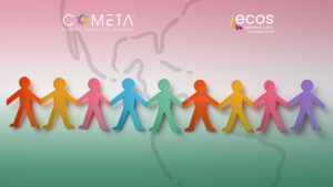 Ilustración de figuras humanas de colores tomadas de la mano sobre un mapa de Centroamérica, representando la unión y resiliencia de las organizaciones de la sociedad civil en la región