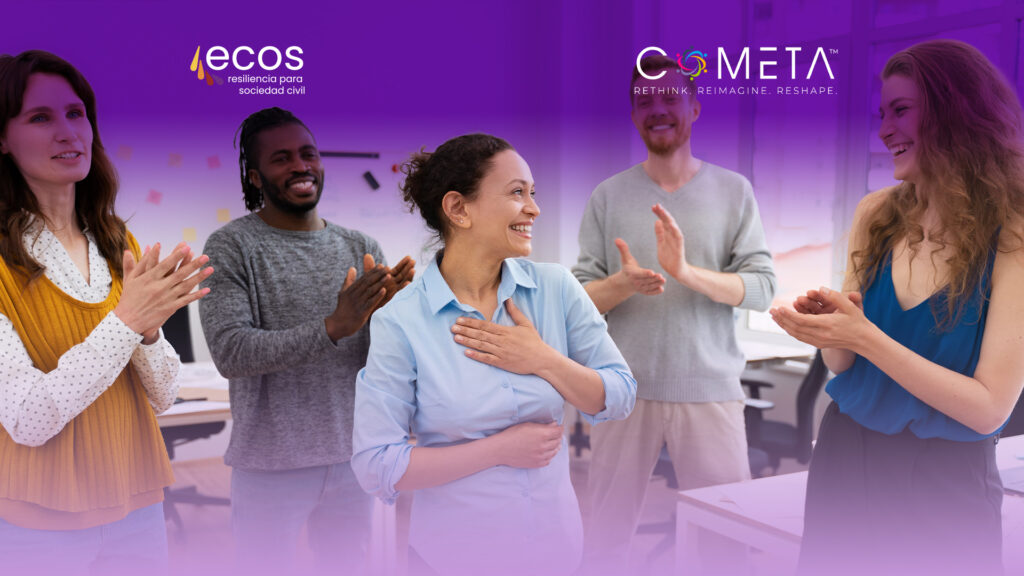 Group of diverse colleagues applauding a smiling woman during a leadership transition, symbolizing recognition and support in civil society organizations. ECOS and COMETA logos visible at the top.