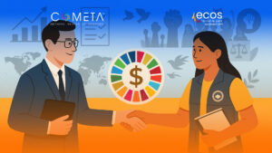 Digital illustration showing a partner-oriented donor and a civil society organization representative shaking hands, symbolizing strategic collaboration and shared responsibility. At the center, a sustainable funding icon is surrounded by SDG colors. The logos of COMETA and ECOS appear at the top, reinforcing the alliance behind the initiative.