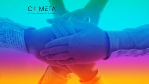 Facilitación de alto nivel para consensos: manos apiladas que simbolizan confianza y colaboración; logo de COMETA en la esquina y fondo degradado.