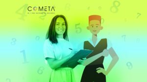 Dos mujeres, una real con portapapeles y pluma y otra ilustrada, con el logo de COMETA, destacando la práctica de la evaluación en tiempo real para mejorar procesos y resultados en organizaciones de la sociedad civil.