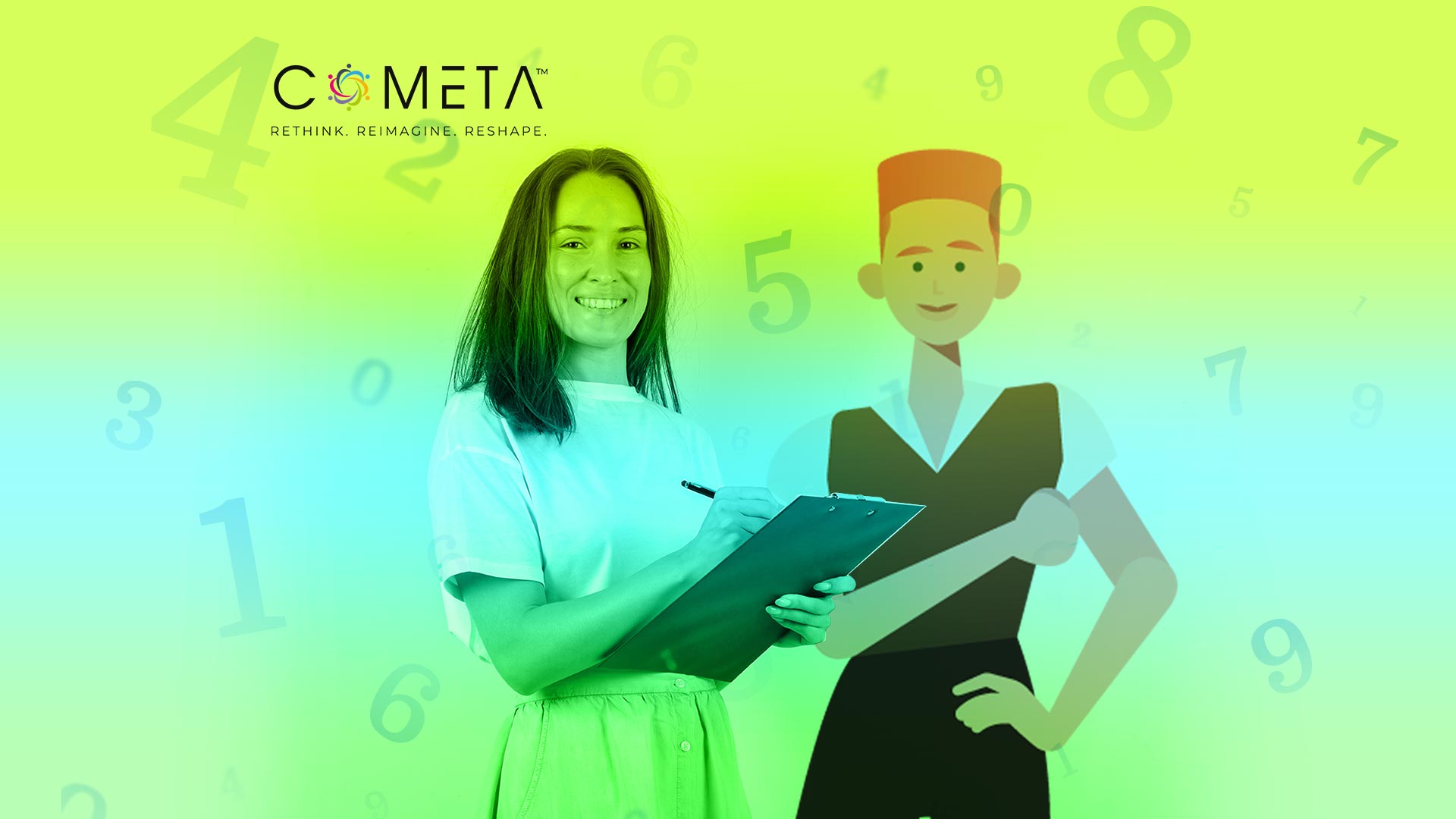 Dos mujeres, una real con portapapeles y pluma y otra ilustrada, con el logo de COMETA, destacando la práctica de la evaluación en tiempo real para mejorar procesos y resultados en organizaciones de la sociedad civil.
