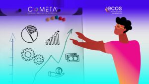 Ilustración de una persona señalando gráficos de crecimiento financiero e iconos en un tablero, incluyendo engranajes, gráficos y símbolos monetarios, con los logotipos de COMETA y ECOS. Imagen que representa el concepto de un presupuesto estratégico para organizaciones de la sociedad civil.