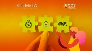 Ilustración de piezas de rompecabezas sostenidas por una mano, con íconos de planeación, sostenibilidad y alianzas, que representan las estrategias de resiliencia financiera para organizaciones de la sociedad civil en contextos adversos, con el logo de COMETA y ECOS.