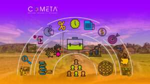 Visual representation of Resilience in Civil Society Organizations, showing interconnected financial, operational, and community-focused icons over a rural landscape, symbolizing capacity building, sustainability, and adaptive strategies.
