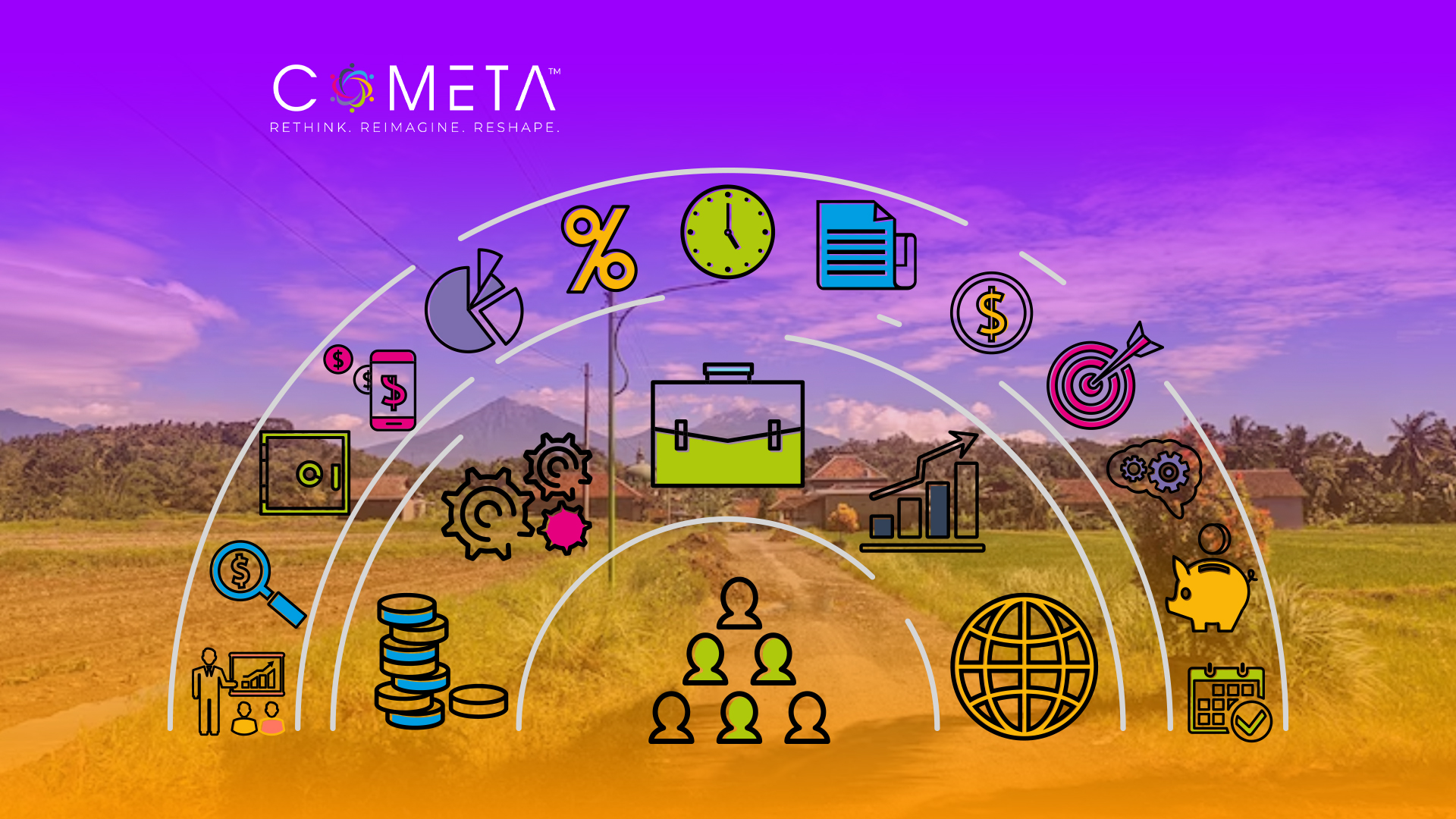 Visual representation of Resilience in Civil Society Organizations, showing interconnected financial, operational, and community-focused icons over a rural landscape, symbolizing capacity building, sustainability, and adaptive strategies.