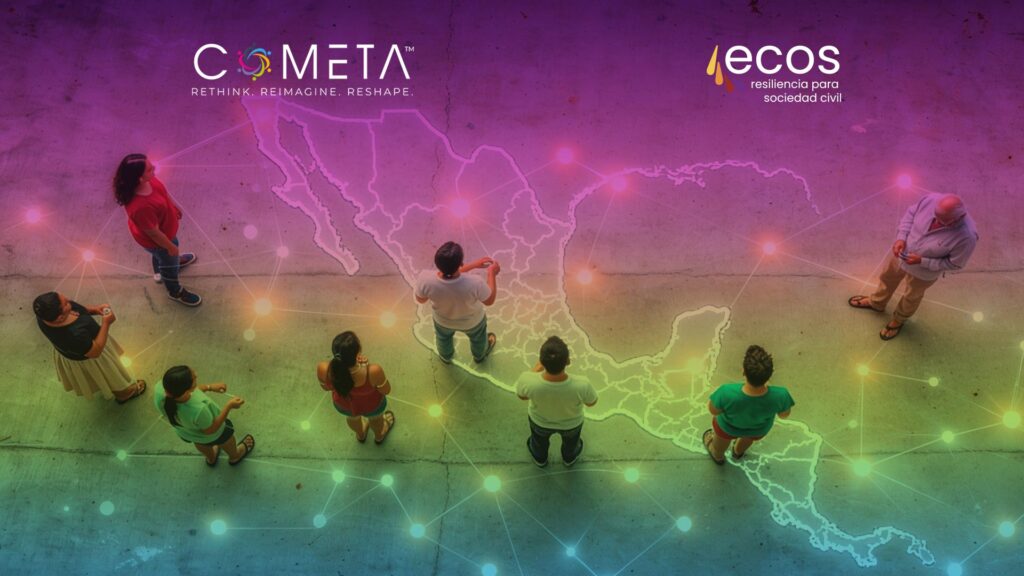 Varias personas rodean un mapa luminoso de México y Centroamérica, conectados por líneas que simbolizan la colaboración regional y las redes de la sociedad civil, temas tratados en el Foro de Donantes de Centroamérica. El logotipo de COMETA aparece en la parte superior izquierda y el de ECOS resiliencia para sociedad civil en la parte superior derecha.