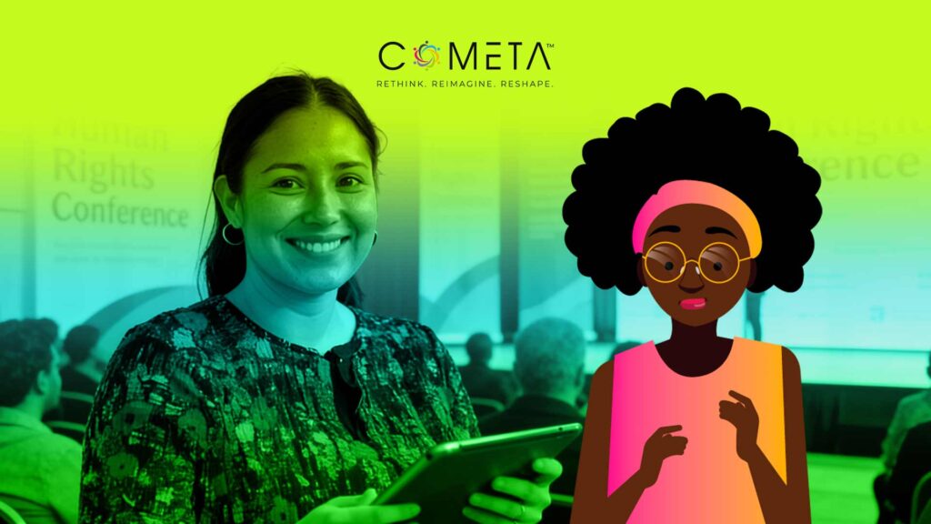 **ALT (SEO):** Portrait of a woman holding a tablet while attending a human rights conference, representing the work and resilience of **Civil Society Organizations in Exile**. An illustrated activist appears alongside her, symbolizing advocacy, transnational solidarity, and human rights defense in contexts of shrinking civic space. The COMETA logo is displayed at the top center of the image.