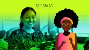 **ALT (SEO):** Portrait of a woman holding a tablet while attending a human rights conference, representing the work and resilience of **Civil Society Organizations in Exile**. An illustrated activist appears alongside her, symbolizing advocacy, transnational solidarity, and human rights defense in contexts of shrinking civic space. The COMETA logo is displayed at the top center of the image.
